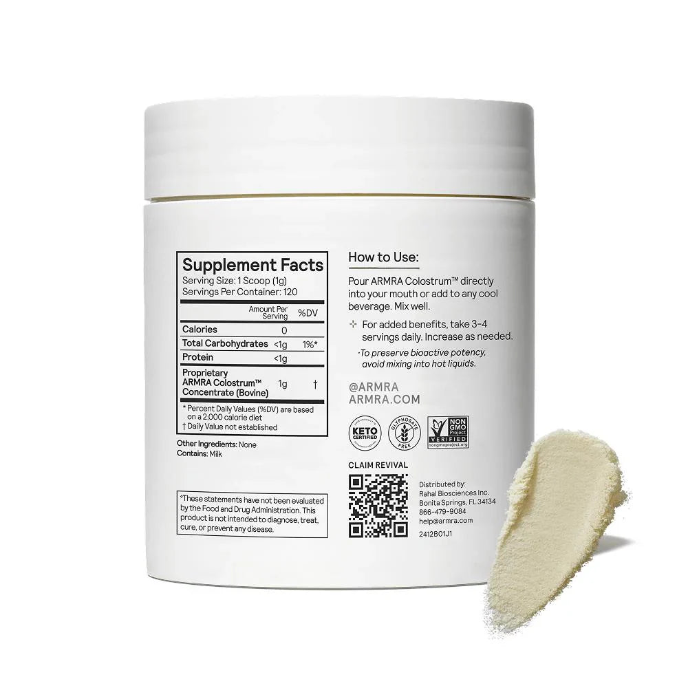 ARMRA Colostrum™ Powder | Unflavored | Gut Health & Bloating | Skin & Hair | Immunity | Keto, Gluten & Fat-Free | 120 Servings